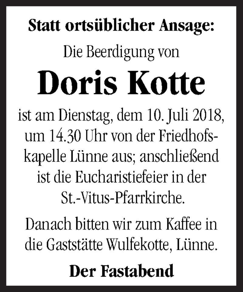  Traueranzeige für Doris Kotte vom 07.07.2018 aus Neue Osnabrücker Zeitung GmbH & Co. KG