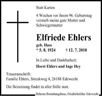 Traueranzeige von Elfriede Ehlers von Neue Osnabrücker Zeitung GmbH & Co. KG