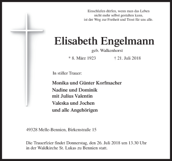 Traueranzeige von Elisabeth Engelmann von Neue Osnabrücker Zeitung GmbH & Co. KG