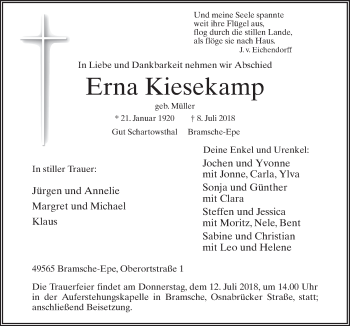 Traueranzeige von Erna Kiesekamp von Neue Osnabrücker Zeitung GmbH & Co. KG