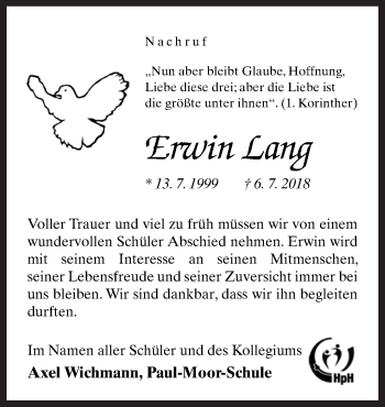 Traueranzeige von Erwin Lang von Neue Osnabrücker Zeitung GmbH & Co. KG