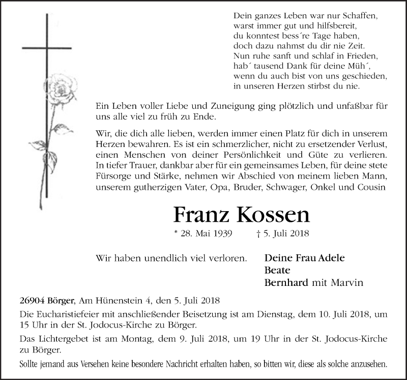  Traueranzeige für Franz Kossen vom 07.07.2018 aus Neue Osnabrücker Zeitung GmbH & Co. KG