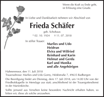 Traueranzeige von Frieda Schäfer von Neue Osnabrücker Zeitung GmbH & Co. KG