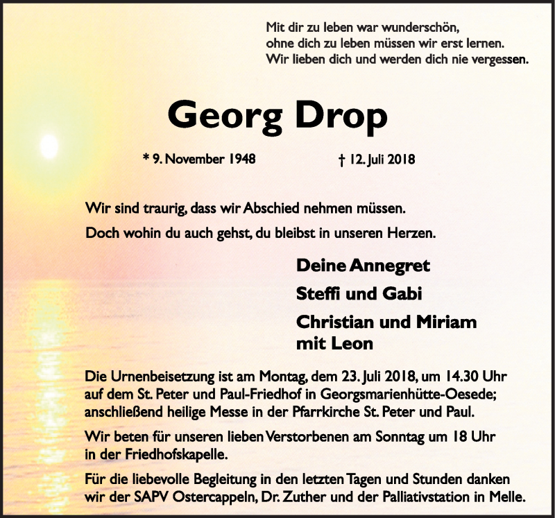  Traueranzeige für Georg Drop vom 18.07.2018 aus Neue Osnabrücker Zeitung GmbH & Co. KG