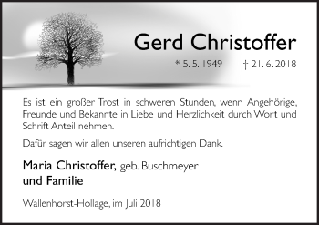 Traueranzeige von Gerd Christoffer von Neue Osnabrücker Zeitung GmbH & Co. KG