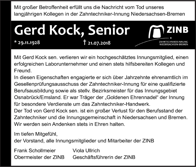  Traueranzeige für Gerd Kock vom 25.07.2018 aus Neue Osnabrücker Zeitung GmbH & Co. KG