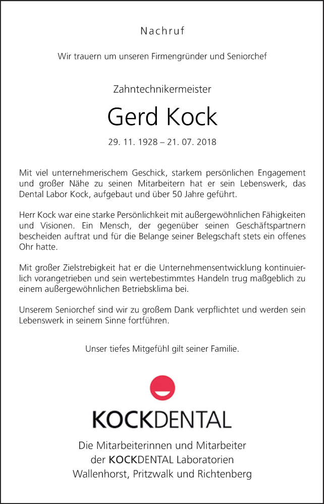  Traueranzeige für Gerd Kock vom 25.07.2018 aus Neue Osnabrücker Zeitung GmbH & Co. KG