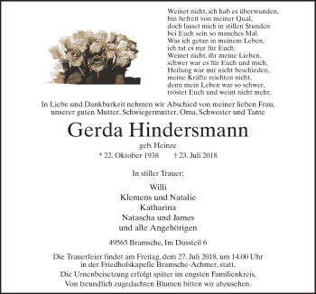 Traueranzeige von Gerda Hindersmann von Neue Osnabrücker Zeitung GmbH & Co. KG