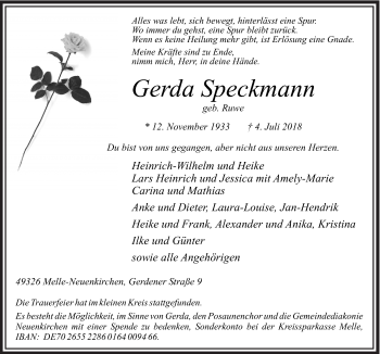 Traueranzeige von Gerda Speckmann von Neue Osnabrücker Zeitung GmbH & Co. KG