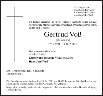 Traueranzeige von Gertrud Voß von Neue Osnabrücker Zeitung GmbH & Co. KG