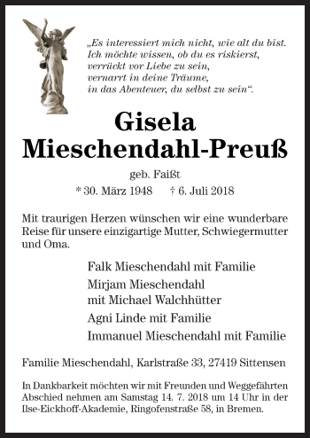 Traueranzeige von Gisela Mieschendahl-Preuß von Neue Osnabrücker Zeitung GmbH & Co. KG