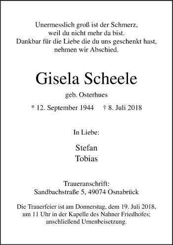 Traueranzeige von Gisela Scheele von Neue Osnabrücker Zeitung GmbH & Co. KG