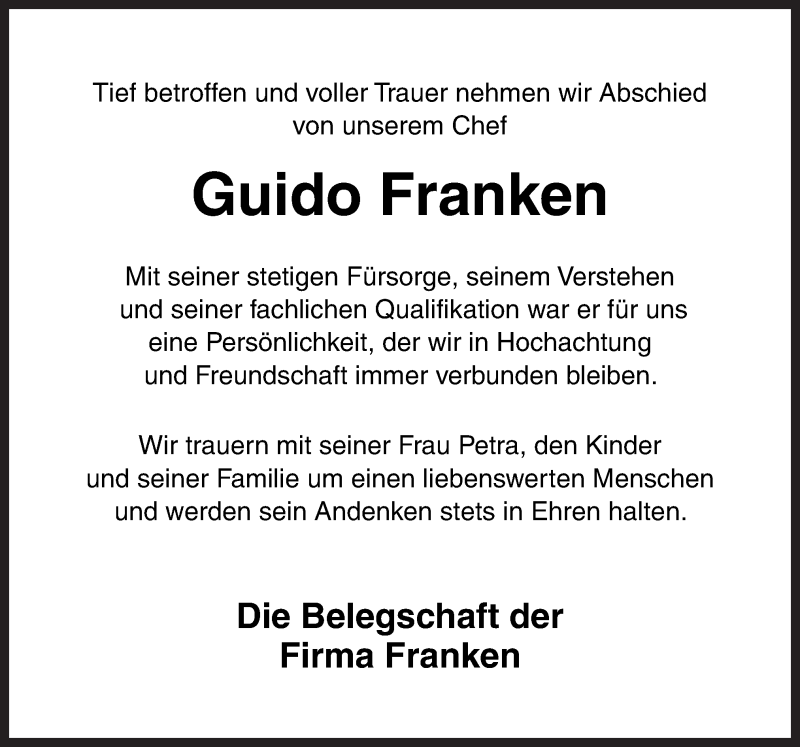  Traueranzeige für Guido Franken vom 14.07.2018 aus Neue Osnabrücker Zeitung GmbH & Co. KG