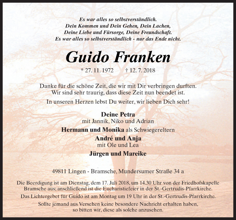  Traueranzeige für Guido Franken vom 14.07.2018 aus Neue Osnabrücker Zeitung GmbH & Co. KG