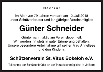 Traueranzeige von Günter Schneider von Neue Osnabrücker Zeitung GmbH & Co. KG