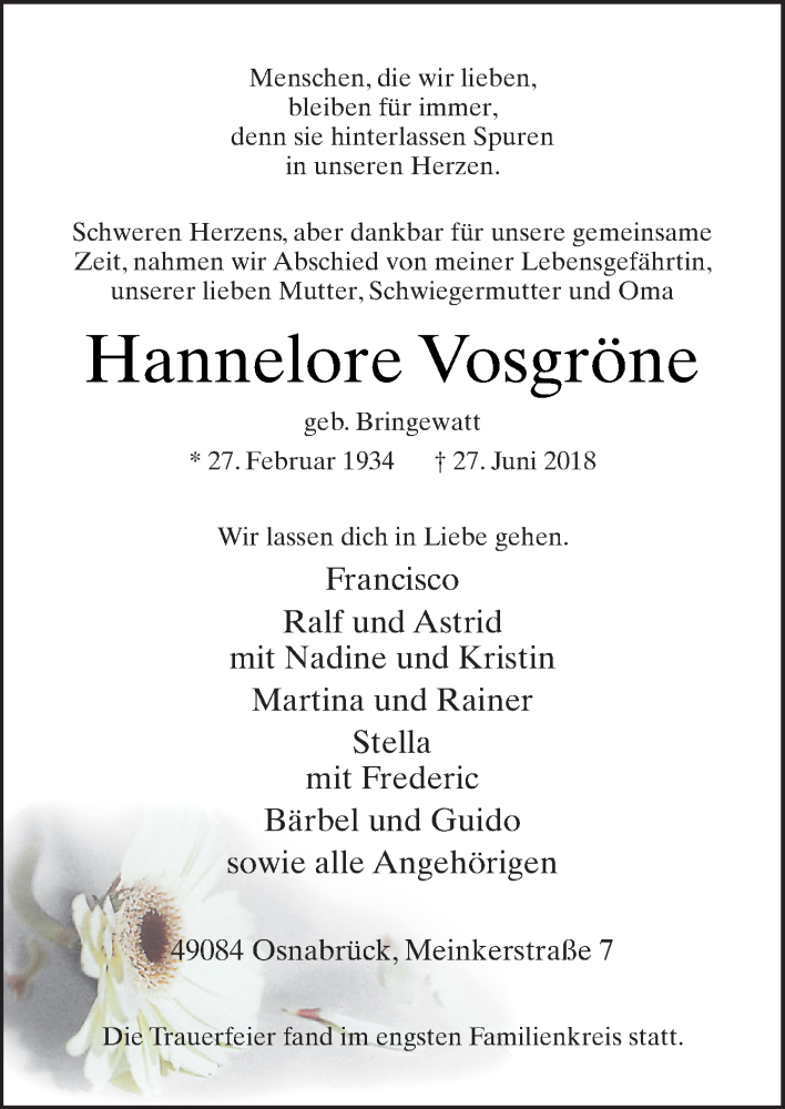  Traueranzeige für Hannelore Vosgröne vom 07.07.2018 aus Neue Osnabrücker Zeitung GmbH & Co. KG