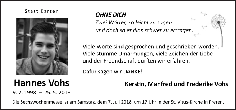  Traueranzeige für Hannes Vohs vom 04.07.2018 aus Neue Osnabrücker Zeitung GmbH & Co. KG