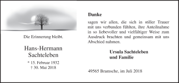 Traueranzeige von Hans-Hermann Sachteleben von Neue Osnabrücker Zeitung GmbH & Co. KG