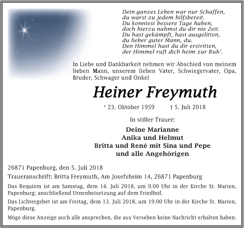  Traueranzeige für Heiner Freymuth vom 09.07.2018 aus Neue Osnabrücker Zeitung GmbH & Co. KG
