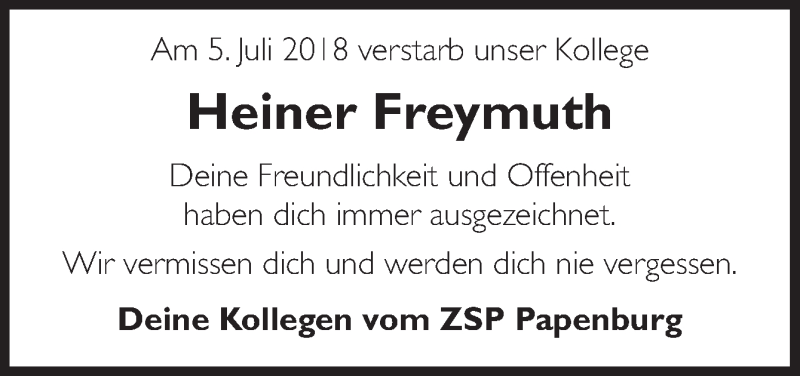  Traueranzeige für Heiner Freymuth vom 12.07.2018 aus Neue Osnabrücker Zeitung GmbH & Co. KG