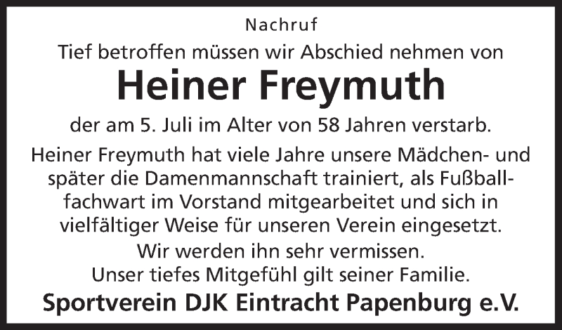  Traueranzeige für Heiner Freymuth vom 11.07.2018 aus Neue Osnabrücker Zeitung GmbH & Co. KG