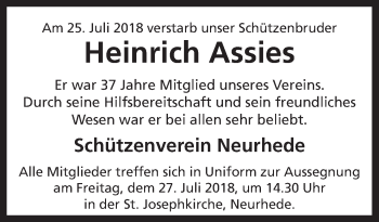 Traueranzeige von Heinrich Assies von Neue Osnabrücker Zeitung GmbH & Co. KG