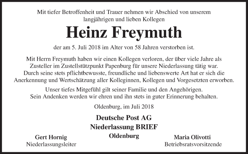  Traueranzeige für Heinz Freymuth vom 10.07.2018 aus Neue Osnabrücker Zeitung GmbH & Co. KG