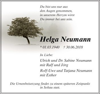 Traueranzeige von Helga Neumann von Neue Osnabrücker Zeitung GmbH & Co. KG