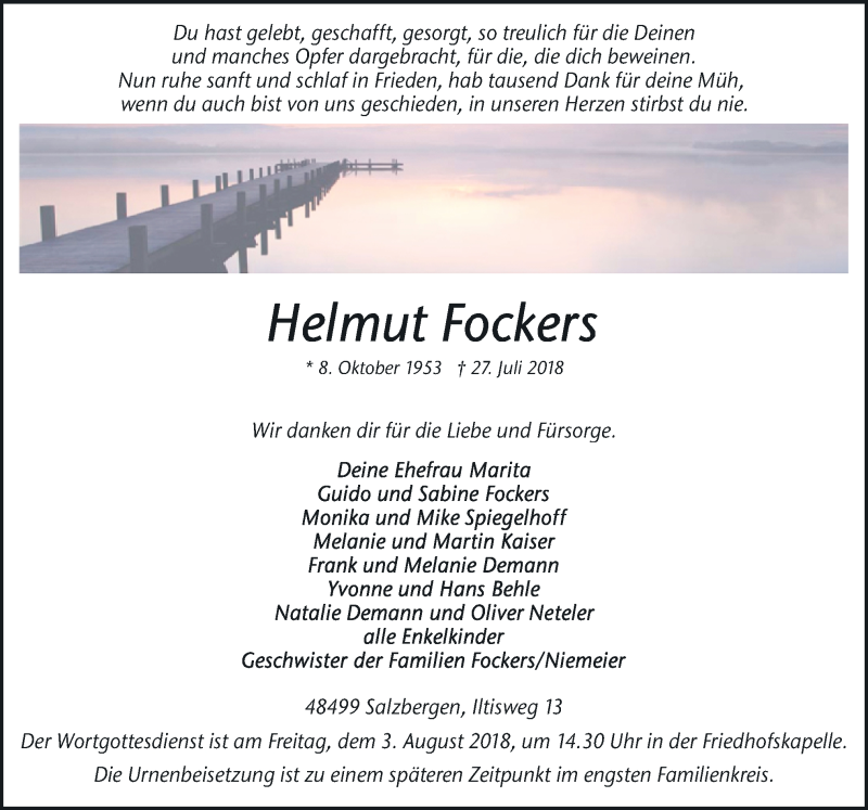  Traueranzeige für Helmut Fockers vom 31.07.2018 aus Neue Osnabrücker Zeitung GmbH & Co. KG
