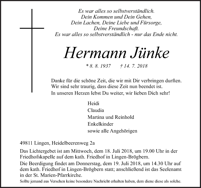  Traueranzeige für Hermann Jünke vom 17.07.2018 aus Neue Osnabrücker Zeitung GmbH & Co. KG