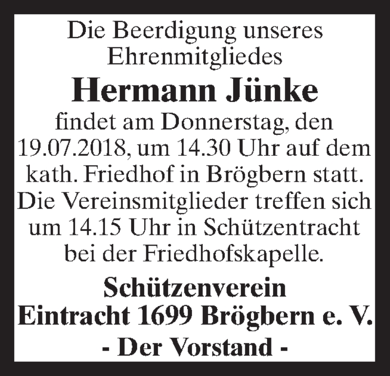  Traueranzeige für Hermann Jünke vom 18.07.2018 aus Neue Osnabrücker Zeitung GmbH & Co. KG