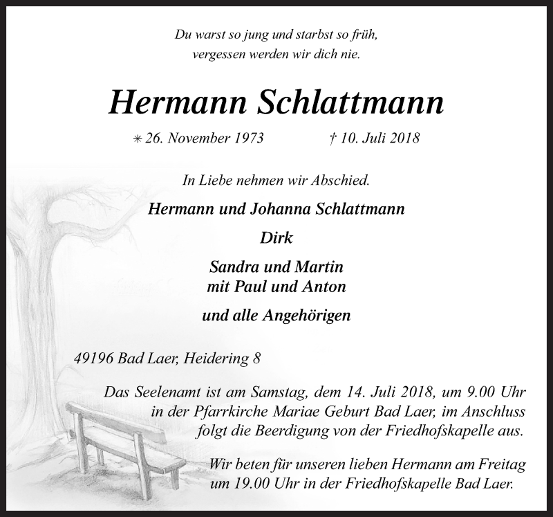  Traueranzeige für Hermann Schlattmann vom 12.07.2018 aus Neue Osnabrücker Zeitung GmbH & Co. KG