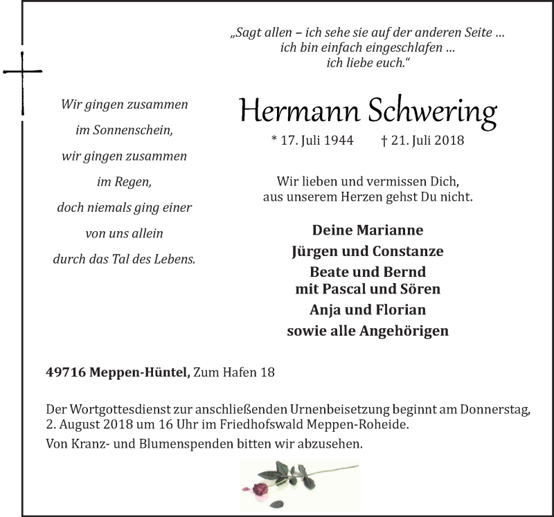  Traueranzeige für Hermann Schwering vom 25.07.2018 aus Neue Osnabrücker Zeitung GmbH & Co. KG