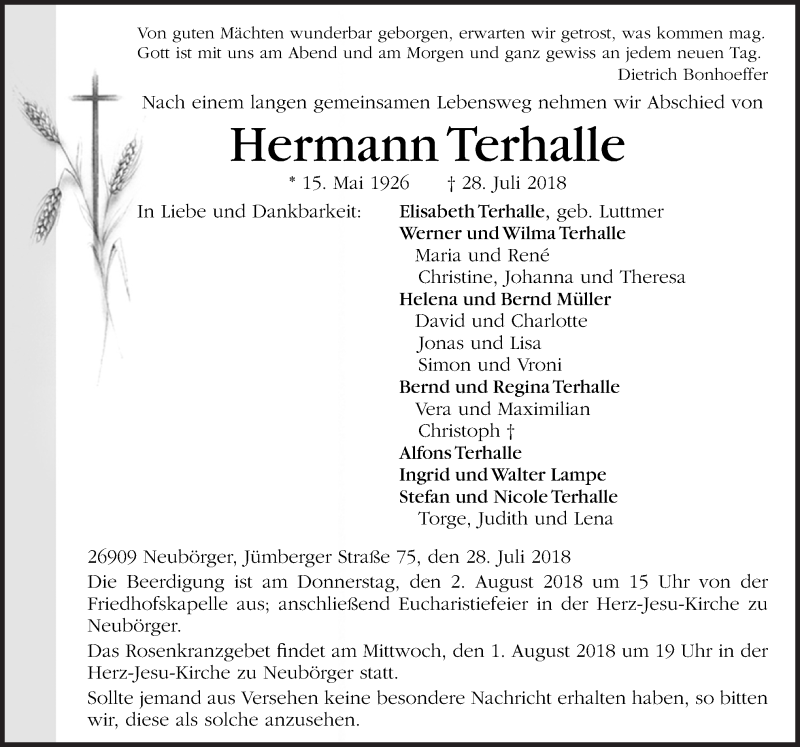  Traueranzeige für Hermann Terhalle vom 30.07.2018 aus Neue Osnabrücker Zeitung GmbH & Co. KG