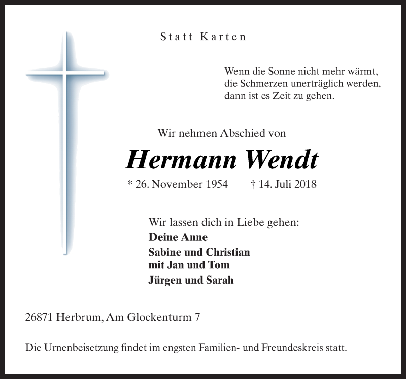 Traueranzeige für Hermann Wendt vom 17.07.2018 aus Neue Osnabrücker Zeitung GmbH & Co. KG
