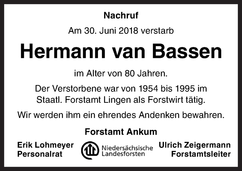  Traueranzeige für Hermann van Bassen vom 05.07.2018 aus Neue Osnabrücker Zeitung GmbH & Co. KG