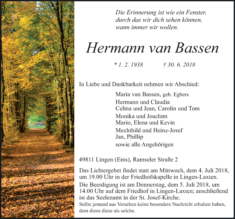  Traueranzeige für Hermann van Bassen vom 03.07.2018 aus Neue Osnabrücker Zeitung GmbH & Co. KG