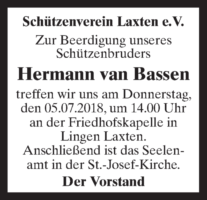  Traueranzeige für Hermann van Bassen vom 04.07.2018 aus Neue Osnabrücker Zeitung GmbH & Co. KG
