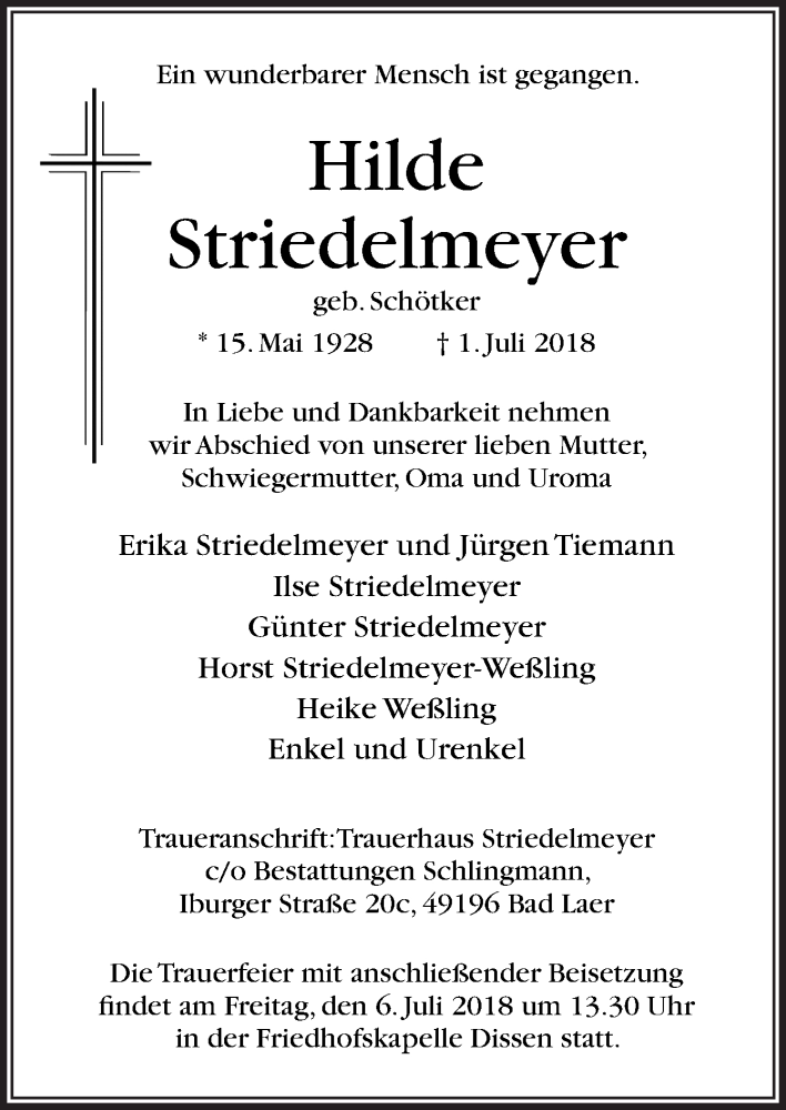  Traueranzeige für Hilde Striedelmeyer vom 03.07.2018 aus Neue Osnabrücker Zeitung GmbH & Co. KG