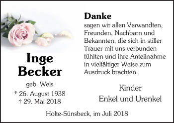 Traueranzeige von Inge Becker von Neue Osnabrücker Zeitung GmbH & Co. KG