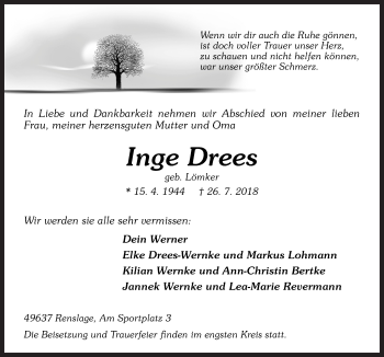 Traueranzeige von Inge Drees von Neue Osnabrücker Zeitung GmbH & Co. KG