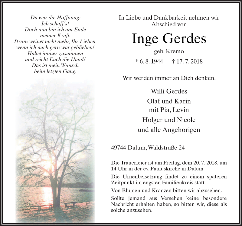  Traueranzeige für Inge Gerdes vom 19.07.2018 aus Neue Osnabrücker Zeitung GmbH & Co. KG
