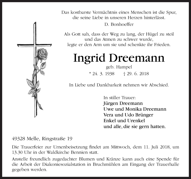 Traueranzeige für Ingrid Dreemann vom 07.07.2018 aus Neue Osnabrücker Zeitung GmbH & Co. KG