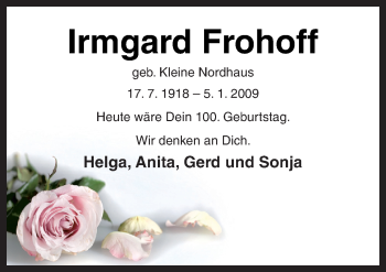 Traueranzeige von Irmgard Frohoff von Neue Osnabrücker Zeitung GmbH & Co. KG