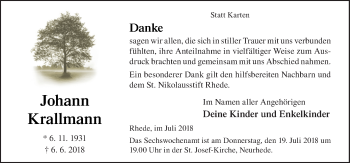 Traueranzeige von Johann Krallmann von Neue Osnabrücker Zeitung GmbH & Co. KG