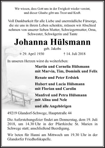 Traueranzeige von Johanna Hülsmann von Neue Osnabrücker Zeitung GmbH & Co. KG