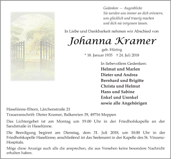 Traueranzeige von Johanna Kramer von Neue Osnabrücker Zeitung GmbH & Co. KG