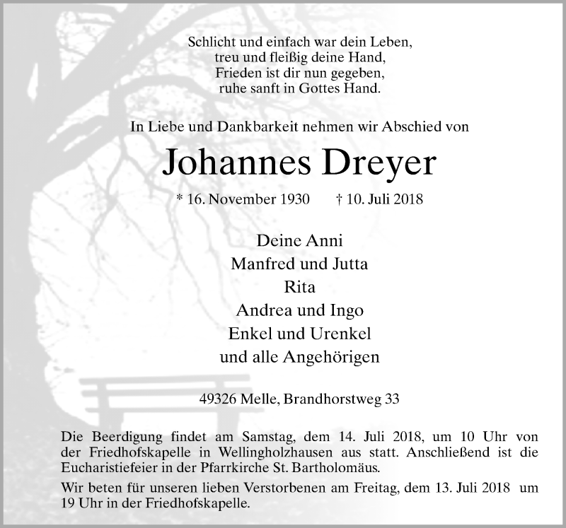  Traueranzeige für Johannes Dreyer vom 12.07.2018 aus Neue Osnabrücker Zeitung GmbH & Co. KG