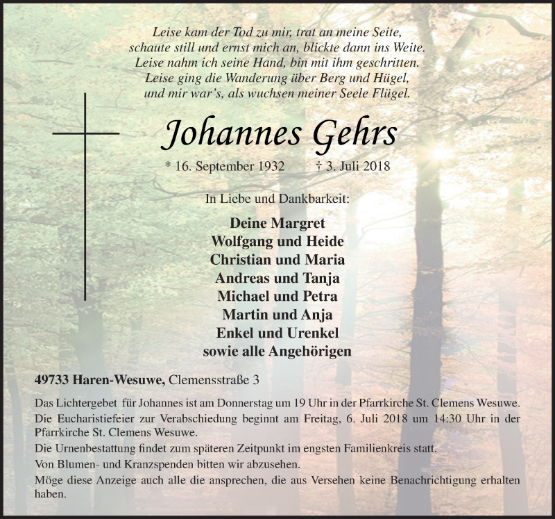  Traueranzeige für Johannes Gehrs vom 05.07.2018 aus Neue Osnabrücker Zeitung GmbH & Co. KG