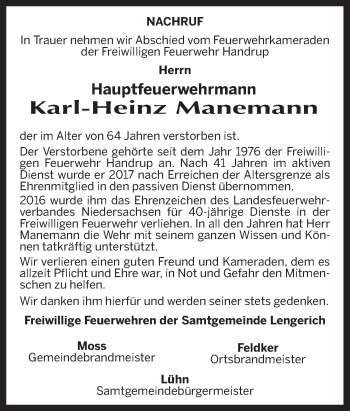 Traueranzeige von Karl-Heinz Manemann von Neue Osnabrücker Zeitung GmbH & Co. KG